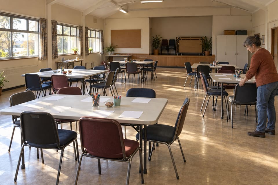 An adult arranging a chair among tables of art supplies in a sunlit community hall.