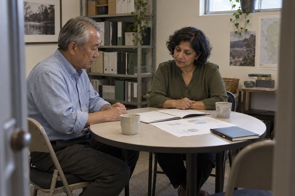 Two adults reviewing an open folder and charts at a round table in a small meeting room.